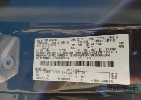 2019 Ford Escape Se из США, поврежденный, VIN 1FMCU9GD7KUB52654